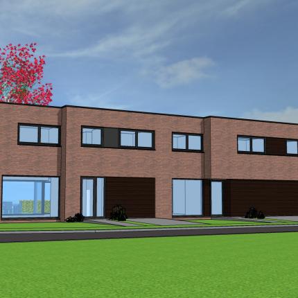 Koppelwoningen in rode gevelsteen en zwart aluminium schrijnwerk,