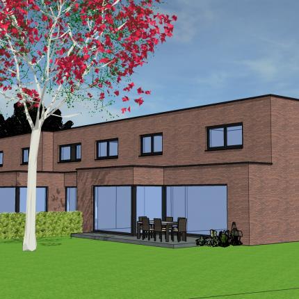 Koppelwoningen in rode gevelsteen en zwart aluminium schrijnwerk,