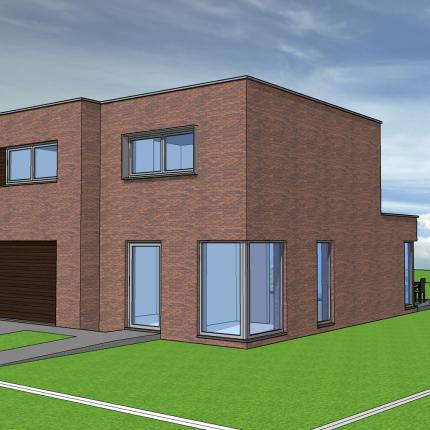 Koppelwoningen in rode gevelsteen en zwart aluminium schrijnwerk,