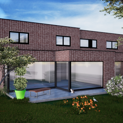 Koppelwoningen in rode gevelsteen en zwart aluminium schrijnwerk,