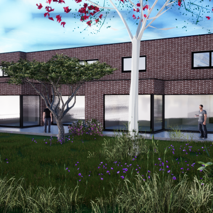 Koppelwoningen in rode gevelsteen en zwart aluminium schrijnwerk,