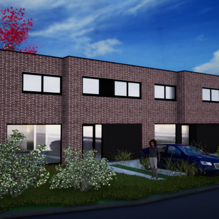 Koppelwoningen in rode gevelsteen en zwart aluminium schrijnwerk,