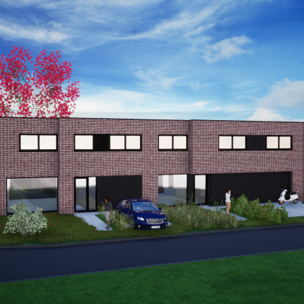 Koppelwoningen in rode gevelsteen en zwart aluminium schrijnwerk,