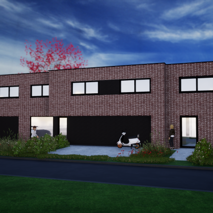 Koppelwoningen in rode gevelsteen en zwart aluminium schrijnwerk,